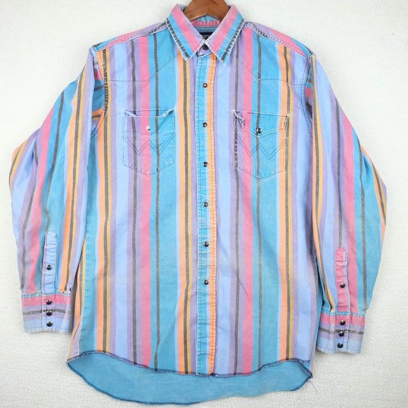 Wrangler Other - Vintage Wrangler Western Shirt 16 34 Large Blue Striped Pearl Snap X Long Tails